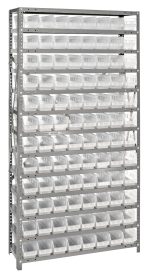 The Quantum Shelving Unit is a heavy-duty, galvanized steel structure measuring 12D x 36L x 75H with 13 shelves, each having a 400 lb. load capacity. It includes 96 clear black bins (11-5/8L x 4-1/8W x 4H), ideal for systematic storage and organization.
