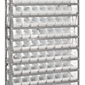 The Quantum Shelving Unit is a heavy-duty, galvanized steel structure measuring 12D x 36L x 75H with 13 shelves, each having a 400 lb. load capacity. It includes 96 clear black bins (11-5/8L x 4-1/8W x 4H), ideal for systematic storage and organization.