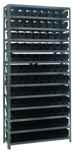 A 75 tall Quantum Shelving Unit with 13 shelves, featuring 96 QSB101 black plastic bins (11-5/8L x 4-1/8W x 4H), stands prominently against a white background.