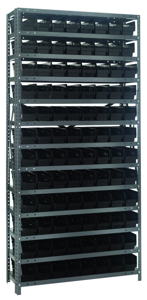 A 75 tall Quantum Shelving Unit with 13 shelves, featuring 96 QSB101 black plastic bins (11-5/8L x 4-1/8W x 4H), stands prominently against a white background.