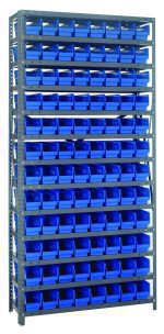 The Quantum Shelving Unit, made of galvanized steel, measures 12D x 36L x 75H and supports up to 400 lbs per shelf. It features 13 shelves equipped with 96 blue QSB101 bins (11-5/8L x 4-1/8W x 4H), offering organized storage for warehouses or garages.