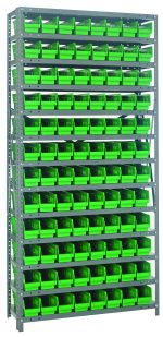 The Quantum Shelving Unit measures 12D x 36L x 75H and features a galvanized steel finish. It includes 13 heavy-duty shelves with a 400 lb. capacity each, holding (96) Qsb101 green bins sized 11-5/8L x 4-1/8W x 4H, complete with uprights and cross bars for efficient storage.