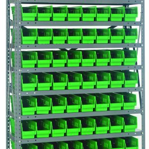 The Quantum Shelving Unit measures 12D x 36L x 75H and features a galvanized steel finish. It includes 13 heavy-duty shelves with a 400 lb. capacity each, holding (96) Qsb101 green bins sized 11-5/8L x 4-1/8W x 4H, complete with uprights and cross bars for efficient storage.