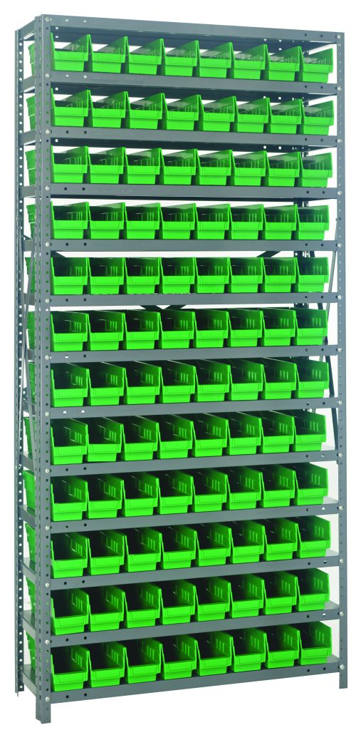 The Quantum Shelving Unit measures 12D x 36L x 75H and features a galvanized steel finish. It includes 13 heavy-duty shelves with a 400 lb. capacity each, holding (96) Qsb101 green bins sized 11-5/8L x 4-1/8W x 4H, complete with uprights and cross bars for efficient storage.