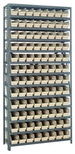 The Quantum Shelving Unit, measuring 12D x 36L x 75H, features a sleek design with 13 heavy-duty shelves and a galvanized steel finish. It includes 96 ivory black bins (11-5/8L x 4-1/8W x 4H), ideal for organized storage, and can hold up to 400 lbs per shelf.