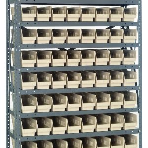 The Quantum Shelving Unit, measuring 12D x 36L x 75H, features a sleek design with 13 heavy-duty shelves and a galvanized steel finish. It includes 96 ivory black bins (11-5/8L x 4-1/8W x 4H), ideal for organized storage, and can hold up to 400 lbs per shelf.