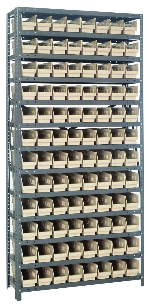 The Quantum Shelving Unit, measuring 12D x 36L x 75H, features a sleek design with 13 heavy-duty shelves and a galvanized steel finish. It includes 96 ivory black bins (11-5/8L x 4-1/8W x 4H), ideal for organized storage, and can hold up to 400 lbs per shelf.