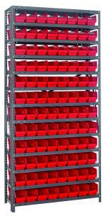 The Quantum Shelving Unit, measuring 12D x 36L x 75H, includes 13 heavy-duty shelves with a 400 lb load capacity each. It comes with 96 red plastic bins, sized at 11-5/8L x 4-1/8W x 4H (Qsb101), plus uprights and cross bars in a galvanized steel finish for efficient organization.
