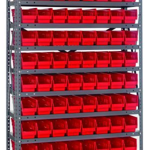 The Quantum Shelving Unit, measuring 12D x 36L x 75H, includes 13 heavy-duty shelves with a 400 lb load capacity each. It comes with 96 red plastic bins, sized at 11-5/8L x 4-1/8W x 4H (Qsb101), plus uprights and cross bars in a galvanized steel finish for efficient organization.