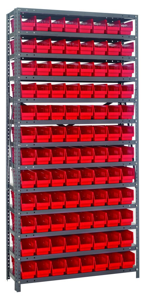 1275-101_RD.jpg The Quantum Shelving Unit, measuring 12D x 36L x 75H, includes 13 heavy-duty shelves with a 400 lb load capacity each. It comes with 96 red plastic bins, sized at 11-5/8L x 4-1/8W x 4H (Qsb101), plus uprights and cross bars in a galvanized steel finish for efficient organization.
