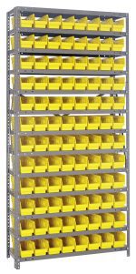 The Quantum Shelving Unit, measuring 12D x 36L x 75H, includes (13) shelves and holds (96) QSB101 yellow black bins sized at 11-5/8L x 4-1/8W x 4H. Made of galvanized steel, it supports a load capacity of up to 400 lbs per shelf. The setup is enhanced by uprights and cross bars for stability.