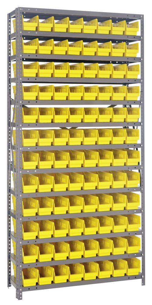 1275-101_YL.jpg The Quantum Shelving Unit, measuring 12D x 36L x 75H, includes (13) shelves and holds (96) QSB101 yellow black bins sized at 11-5/8L x 4-1/8W x 4H. Made of galvanized steel, it supports a load capacity of up to 400 lbs per shelf. The setup is enhanced by uprights and cross bars for stability.