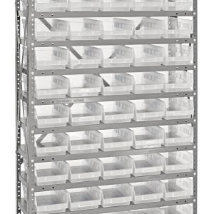 The Quantum Shelving Unit, 12D x 36L x 75H, has a heavy-duty design with 13 shelves each supporting up to 400 lbs. It includes 60 clear black bins (QSB102) measuring 11-5/8L x 6-5/8W x 4H, perfect for organizing small items within its galvanized steel frame.