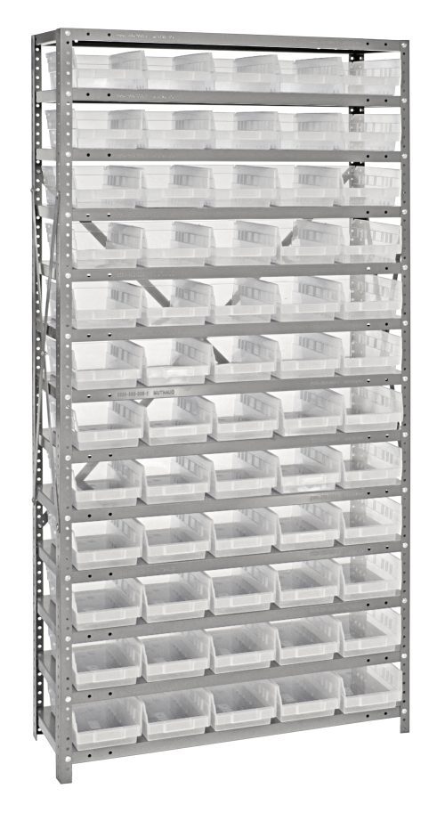 The Quantum Shelving Unit, 12D x 36L x 75H, has a heavy-duty design with 13 shelves each supporting up to 400 lbs. It includes 60 clear black bins (QSB102) measuring 11-5/8L x 6-5/8W x 4H, perfect for organizing small items within its galvanized steel frame.