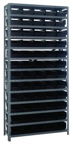 The Quantum Shelving Unit measures 12D x 36L x 75H and features a heavy-duty design with a 400 lb load capacity per shelf. It includes 13 shelves and comes with 60 QSB102 black bins (11-5/8L x 6-5/8W x 4H), offering easy organization in a sturdy galvanized steel finish.