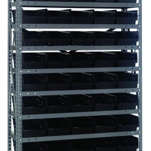 The Quantum Shelving Unit measures 12D x 36L x 75H and features a heavy-duty design with a 400 lb load capacity per shelf. It includes 13 shelves and comes with 60 QSB102 black bins (11-5/8L x 6-5/8W x 4H), offering easy organization in a sturdy galvanized steel finish.