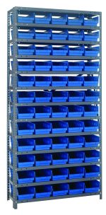 The Quantum Shelving Unit (12D x 36L x 75H) features a 400 lb. load capacity per shelf, includes 13 shelves, and is equipped with (60) 11-5/8L x 6-5/8W x 4H (QSB102) blue bins for optimal organization. It has a sturdy galvanized steel frame with uprights and cross bars.