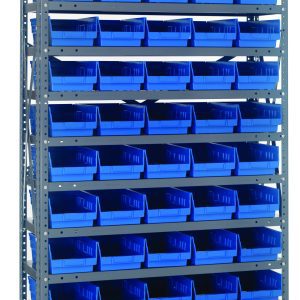 The Quantum Shelving Unit (12D x 36L x 75H) features a 400 lb. load capacity per shelf, includes 13 shelves, and is equipped with (60) 11-5/8L x 6-5/8W x 4H (QSB102) blue bins for optimal organization. It has a sturdy galvanized steel frame with uprights and cross bars.