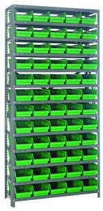 The Quantum Shelving Unit, measuring 12D x 36L x 75H, is crafted from galvanized steel with a heavy-duty design. It features 13 shelves, each supporting up to 400 lbs., and includes 60 green plastic bins (QSB102), arranged in ten rows and five columns for an industrial look.