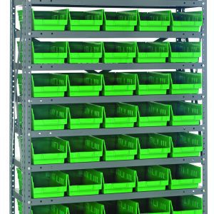The Quantum Shelving Unit, measuring 12D x 36L x 75H, is crafted from galvanized steel with a heavy-duty design. It features 13 shelves, each supporting up to 400 lbs., and includes 60 green plastic bins (QSB102), arranged in ten rows and five columns for an industrial look.