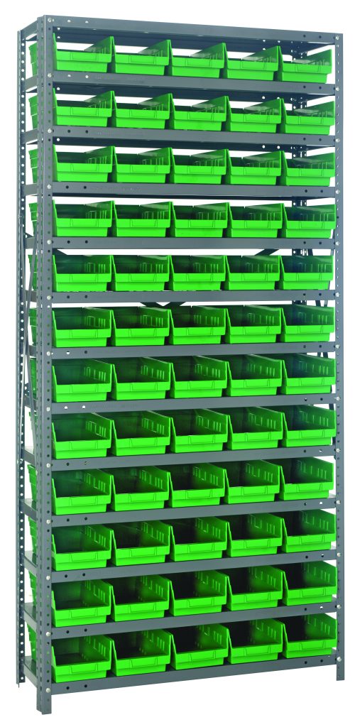 The Quantum Shelving Unit, measuring 12D x 36L x 75H, is crafted from galvanized steel with a heavy-duty design. It features 13 shelves, each supporting up to 400 lbs., and includes 60 green plastic bins (QSB102), arranged in ten rows and five columns for an industrial look.