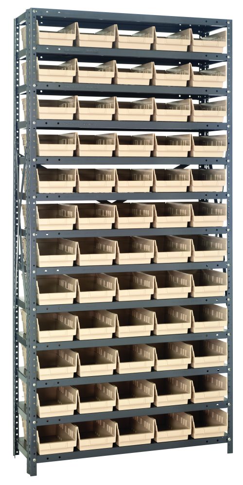 1275-102_IV.jpg The Quantum Shelving Unit, measuring 12D x 36L x 75H, features a heavy-duty galvanized steel finish and includes 13 shelves. It holds up to 400 lb. per shelf and comes with 60 ivory black bins (11-5/8L x 6-5/8W x 4H) for efficient storage and organization.