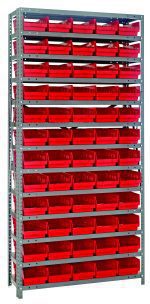 The Quantum Shelving Unit, measuring 12D x 36L x 75H, holds 13 shelves and includes 60 red bins in nine sections. Each shelf supports up to 400 lbs., making it ideal for efficient storage with a galvanized steel finish.