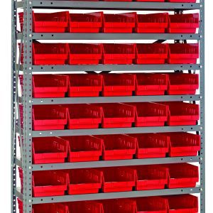 The Quantum Shelving Unit, measuring 12D x 36L x 75H, holds 13 shelves and includes 60 red bins in nine sections. Each shelf supports up to 400 lbs., making it ideal for efficient storage with a galvanized steel finish.
