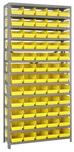 The Quantum Shelving Unit, measuring 12D x 36L x 75H, features a heavy-duty design with a 400 lb. load capacity per shelf. It includes 13 shelves and is equipped with 60 yellow QSB102 bins, each measuring 11-5/8L x 6-5/8W x 4H, supported by galvanized steel uprights and cross bars.