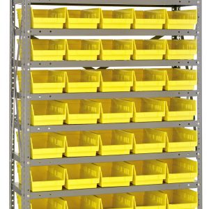 The Quantum Shelving Unit, measuring 12D x 36L x 75H, features a heavy-duty design with a 400 lb. load capacity per shelf. It includes 13 shelves and is equipped with 60 yellow QSB102 bins, each measuring 11-5/8L x 6-5/8W x 4H, supported by galvanized steel uprights and cross bars.