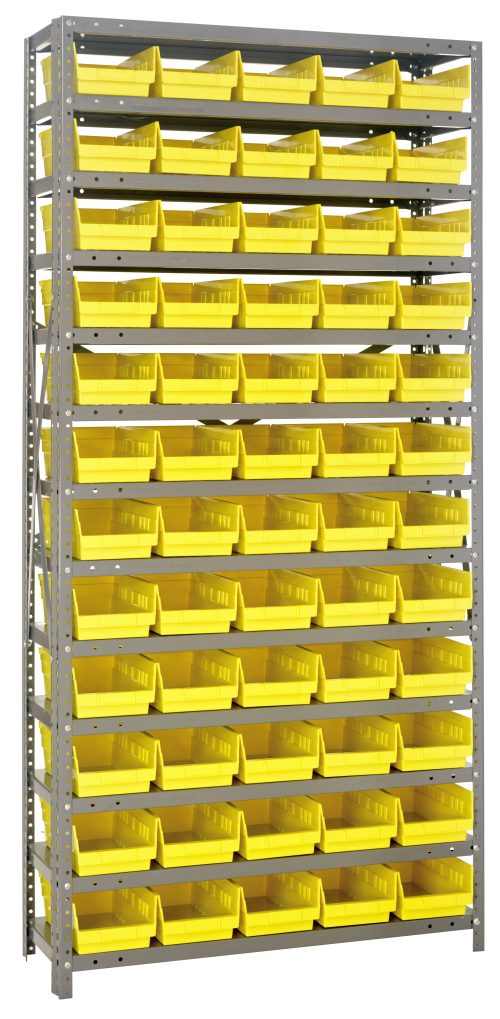 1275-102_YL.jpg The Quantum Shelving Unit, measuring 12D x 36L x 75H, features a heavy-duty design with a 400 lb. load capacity per shelf. It includes 13 shelves and is equipped with 60 yellow QSB102 bins, each measuring 11-5/8L x 6-5/8W x 4H, supported by galvanized steel uprights and cross bars.