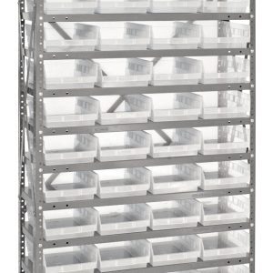 The Quantum Shelving Unit, measuring 12D x 36L x 75H, is a heavy-duty, free-standing storage solution with a galvanized steel finish. It includes 13 shelves, each with a 400 lb. load capacity and 48 clear black bins (11-5/8L x 8-3/8W x 4H), supported by uprights and cross bars for organized storage.