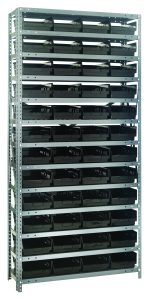 The Quantum Shelving Unit, 12D x 36L x 75H, features a heavy-duty galvanized steel finish with a 400 lb. load capacity per shelf. It includes 13 shelves and comes with 48 black QSB107 bins, ideal for organizing and storing items in workshops or garages.