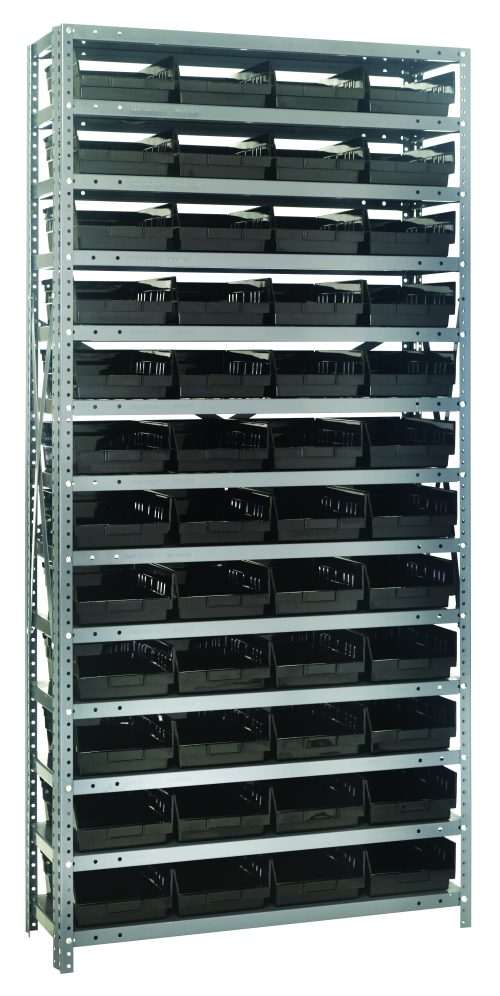 The Quantum Shelving Unit, 12D x 36L x 75H, features a heavy-duty galvanized steel finish with a 400 lb. load capacity per shelf. It includes 13 shelves and comes with 48 black QSB107 bins, ideal for organizing and storing items in workshops or garages.