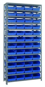 The Quantum Shelving Unit, measuring 12D x 36L x 75H, features a heavy-duty design with a 400 lb. load capacity per shelf. It includes 13 shelves filled with 48 QSB107 blue plastic bins, offering sturdiness and an industrial look thanks to its galvanized steel finish.