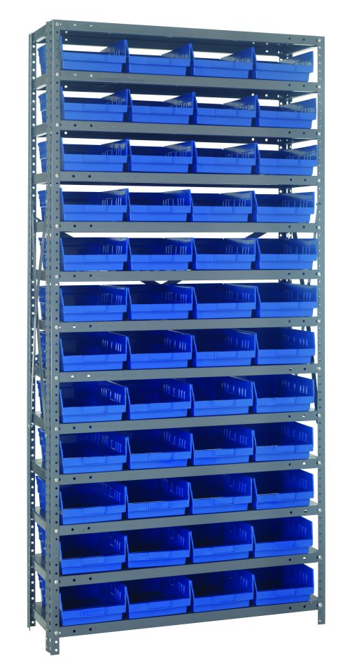 The Quantum Shelving Unit, measuring 12D x 36L x 75H, features a heavy-duty design with a 400 lb. load capacity per shelf. It includes 13 shelves filled with 48 QSB107 blue plastic bins, offering sturdiness and an industrial look thanks to its galvanized steel finish.