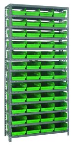 The Quantum Shelving Unit, measuring 12D x 36L x 75H, includes 13 heavy-duty shelves with a load capacity of 400 lbs. each. It comes with uprights, cross bars, and 48 green black bins (QSB107) sized at 11-5/8L x 8-3/8W x 4H, all in a galvanized steel finish for secure storage.