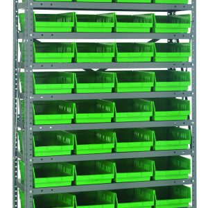 The Quantum Shelving Unit, measuring 12D x 36L x 75H, includes 13 heavy-duty shelves with a load capacity of 400 lbs. each. It comes with uprights, cross bars, and 48 green black bins (QSB107) sized at 11-5/8L x 8-3/8W x 4H, all in a galvanized steel finish for secure storage.