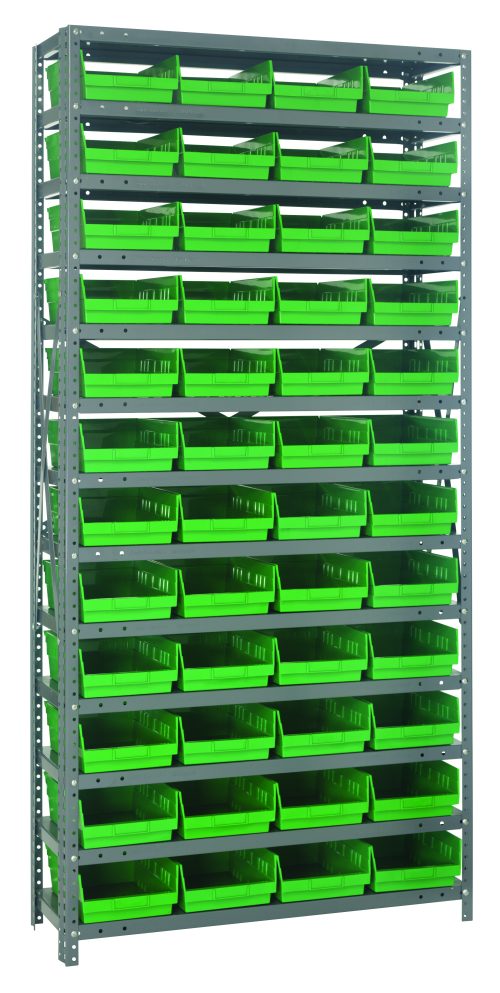 The Quantum Shelving Unit, measuring 12D x 36L x 75H, includes 13 heavy-duty shelves with a load capacity of 400 lbs. each. It comes with uprights, cross bars, and 48 green black bins (QSB107) sized at 11-5/8L x 8-3/8W x 4H, all in a galvanized steel finish for secure storage.
