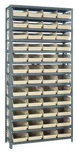 The Quantum Shelving Unit (12D x 36L x 75H) in galvanized steel features a modular design with 13 shelves, each holding up to 400 lbs. It includes 48 ivory black QSB107 bins (11-5/8L x 8-3/8W x 4H) for accessible and organized vertical storage.