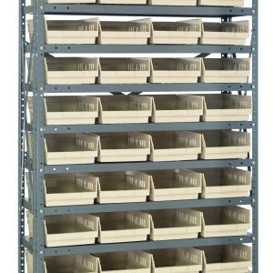 The Quantum Shelving Unit (12D x 36L x 75H) in galvanized steel features a modular design with 13 shelves, each holding up to 400 lbs. It includes 48 ivory black QSB107 bins (11-5/8L x 8-3/8W x 4H) for accessible and organized vertical storage.