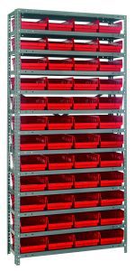 A 75 tall Quantum shelving unit, with a 400 lb. load capacity per shelf, features six rows of QSB107 red black bins (11-5/8L x 8-3/8W x 4H) for organized storage and easy access. This heavy-duty, galvanized steel unit includes 13 shelves and ensures optimal organization for small items.