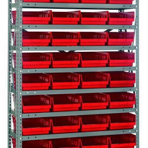 A 75 tall Quantum shelving unit, with a 400 lb. load capacity per shelf, features six rows of QSB107 red black bins (11-5/8L x 8-3/8W x 4H) for organized storage and easy access. This heavy-duty, galvanized steel unit includes 13 shelves and ensures optimal organization for small items.