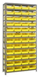 The Quantum Shelving Unit, measuring 12D x 36L x 75H, is a heavy-duty structure with 13 shelves and a 400 lb. capacity per shelf. It includes 48 neatly arranged QSB107 yellow black bins (11-5/8L x 8-3/8W x 4H) and features galvanized steel uprights and cross bars.