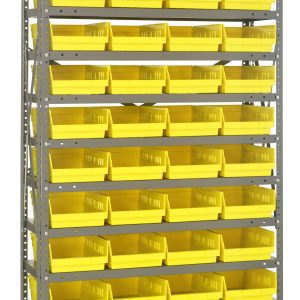 The Quantum Shelving Unit, measuring 12D x 36L x 75H, is a heavy-duty structure with 13 shelves and a 400 lb. capacity per shelf. It includes 48 neatly arranged QSB107 yellow black bins (11-5/8L x 8-3/8W x 4H) and features galvanized steel uprights and cross bars.