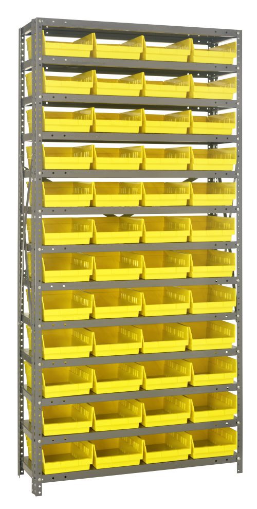 The Quantum Shelving Unit, measuring 12D x 36L x 75H, is a heavy-duty structure with 13 shelves and a 400 lb. capacity per shelf. It includes 48 neatly arranged QSB107 yellow black bins (11-5/8L x 8-3/8W x 4H) and features galvanized steel uprights and cross bars.