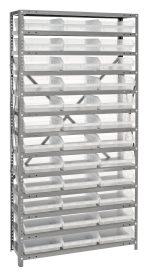 The Quantum Shelving Unit measures 12D x 36L x 75H and features a heavy-duty build with a 400 lb. load capacity per shelf. It includes 13 shelves, galvanized steel finish, and holds 36 clear black bins (11-5/8L x 11-1/8W x 4H), providing an organized storage solution for various needs.