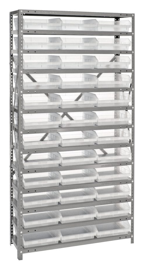 The Quantum Shelving Unit measures 12D x 36L x 75H and features a heavy-duty build with a 400 lb. load capacity per shelf. It includes 13 shelves, galvanized steel finish, and holds 36 clear black bins (11-5/8L x 11-1/8W x 4H), providing an organized storage solution for various needs.