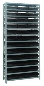 The Quantum Shelving Unit, 12D x 36L x 75H, boasts a heavy-duty design with a 400 lb load capacity per shelf. It includes 13 shelves and comes with 36 black bins (11-5/8L x 11-1/8W x 4H), perfect for organizing tools or materials in a workshop or garage.