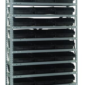 The Quantum Shelving Unit, 12D x 36L x 75H, boasts a heavy-duty design with a 400 lb load capacity per shelf. It includes 13 shelves and comes with 36 black bins (11-5/8L x 11-1/8W x 4H), perfect for organizing tools or materials in a workshop or garage.